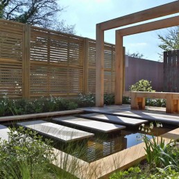 Modern pond + stepping stones + pergola