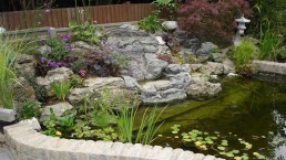 rockery and raised brick pond